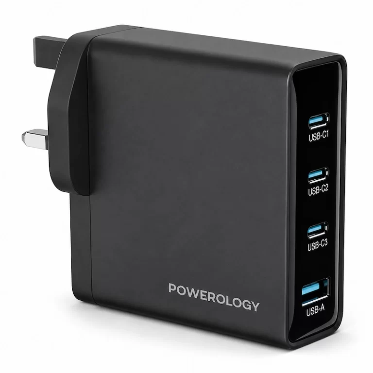 Powerology Volt-X 200W GaN adapter angled view with four labeled charging ports