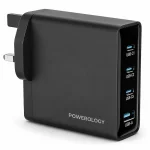Powerology Volt-X 140W GaN adapter angled view with four labeled charging ports
