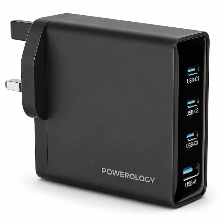 Powerology Volt-X 140W GaN adapter angled view with four labeled charging ports