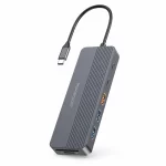 Powerology 12-in-1 USB-C Multi-Port Hub angled view with integrated cable and ports