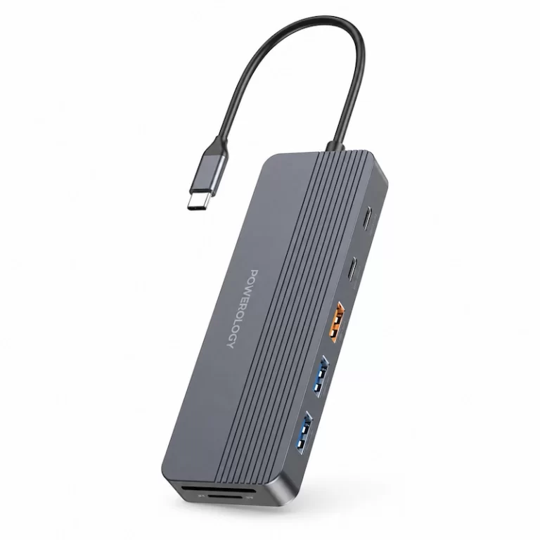 Powerology 12-in-1 USB-C Multi-Port Hub angled view with integrated cable and ports