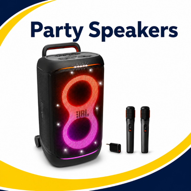 Party Speakers category thumbnail with JBL speaker and wireless microphones