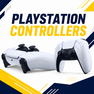 PlayStation Controllers with two white gamepads on blue yellow thumbnail