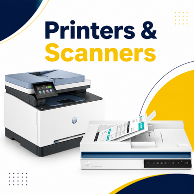 Printers & Scanners category thumbnail showing HP printer and flatbed scanner