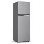 eko RDNT271I50S double door fridge angled view showing brushed steel finish