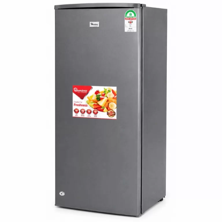 Ramtons single door fridge angled view in grey with energy rating label