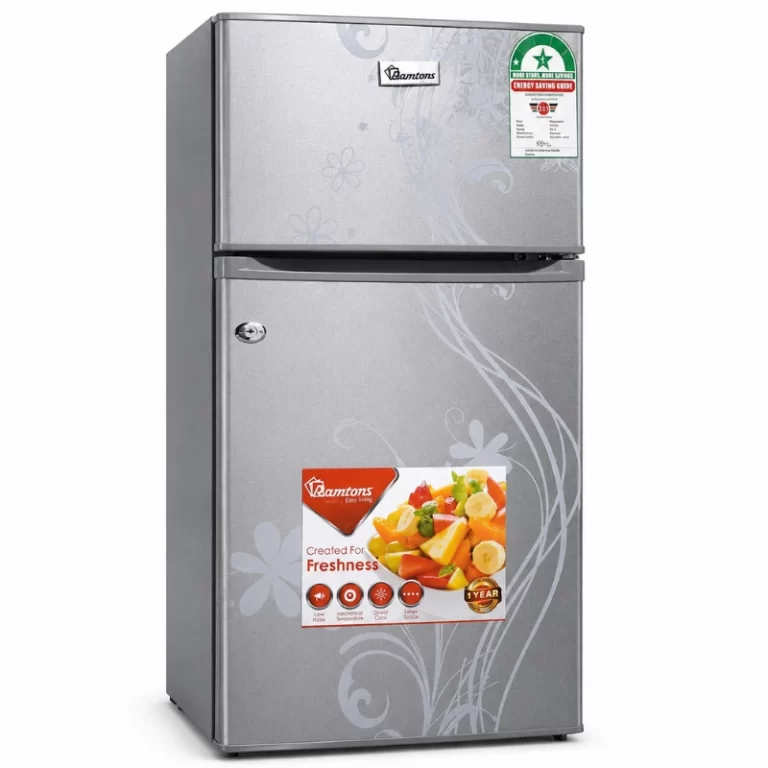 Ramtons compact double door fridge angled view in silver with energy rating label