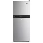 Ramtons double door fridge front view in stainless steel with key lock