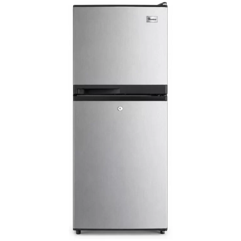 Ramtons double door fridge front view in stainless steel with key lock