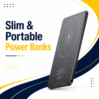 Slim portable power bank with wireless charging design on white background