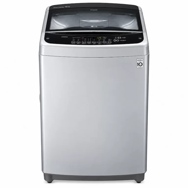LG T1288NEHGE 12kg Smart Inverter silver top load washing machine with glass lid and digital controls