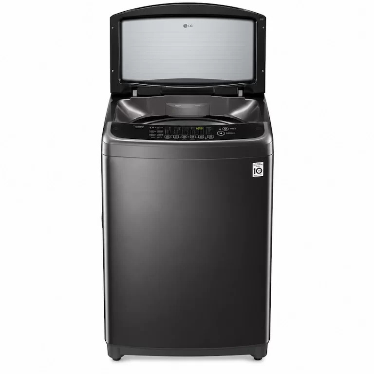 LG T1466NEHG2 top load washing machine front view with lid open and electronic control panel