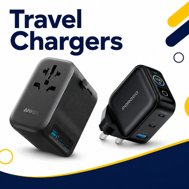 Travel chargers with universal adapter and compact multi-port design