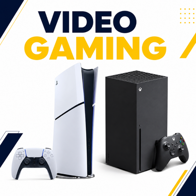 Video Gaming consoles with controllers on white promotional thumbnail