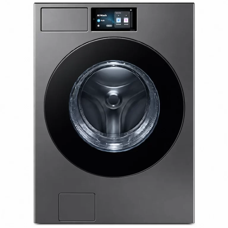 Samsung WD90F22BCS Bespoke AI Laundry Combo front view with black glass door and AI Home touchscreen