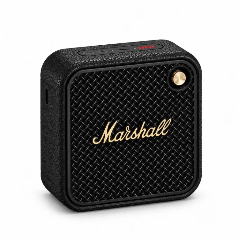 Marshall Willen II Black and Brass portable Bluetooth speaker with woven grille and gold Marshall logo