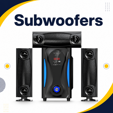 Subwoofers category thumbnail with black speaker system and blue accents