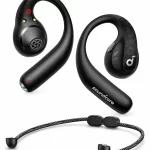 Soundcore AeroFit Pro open-ear wireless earbuds in black with carry strap accessory