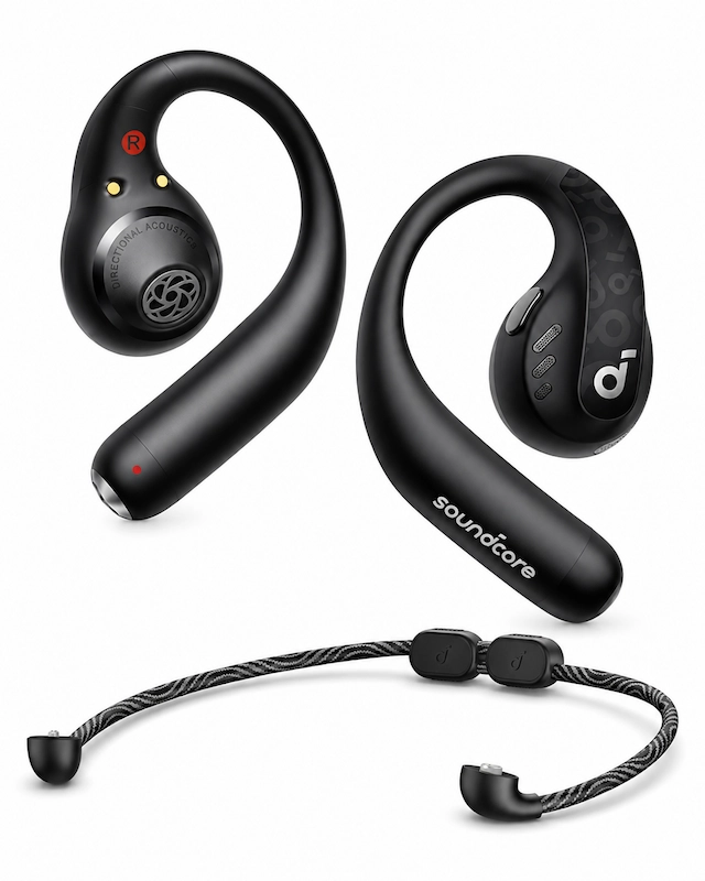 Soundcore AeroFit Pro open-ear wireless earbuds in black with carry strap accessory