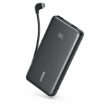 Anker Zolo Power Bank 10K angled view with built-in USB-C cable and display