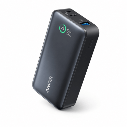 Anker 533 Power Bank angled view showing smart display and three ports