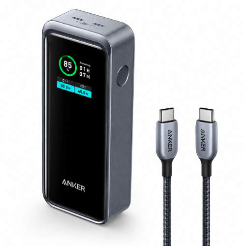 Anker Prime 12,000mAh Power Bank angled view with braided USB-C cable