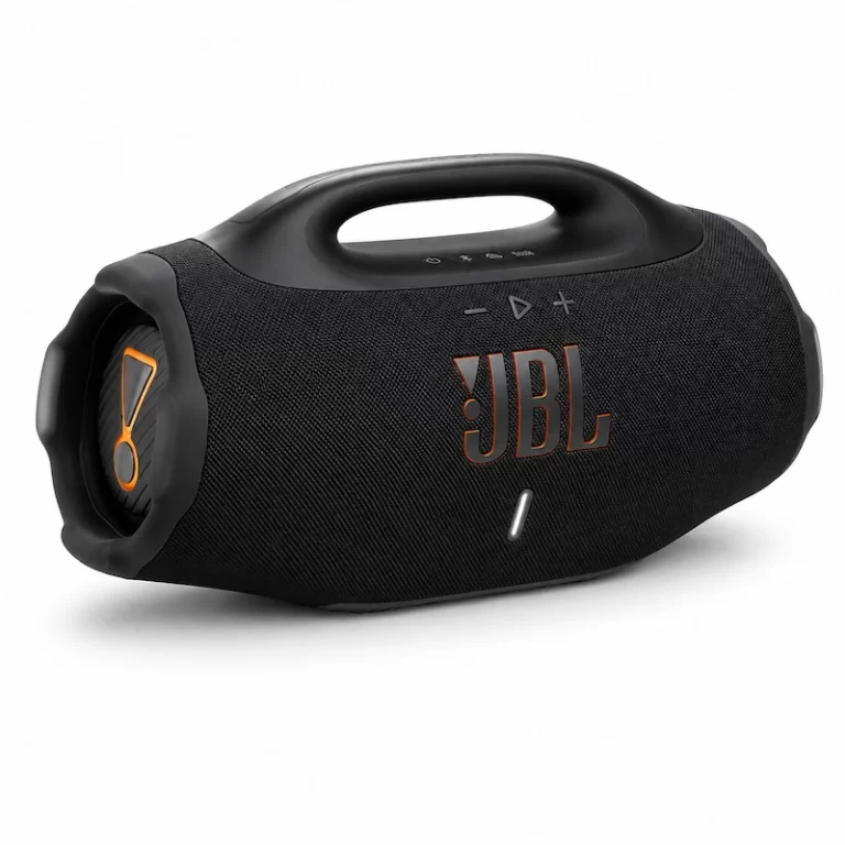 JBL Boombox 4 portable Bluetooth speaker angle view showing carry handle and controls
