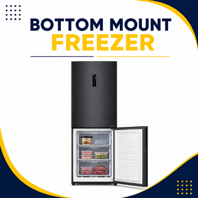 Bottom mount freezer fridge with lower freezer drawers and black finish