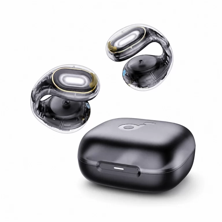 Soundcore C30i clip-on earbuds beside black charging case