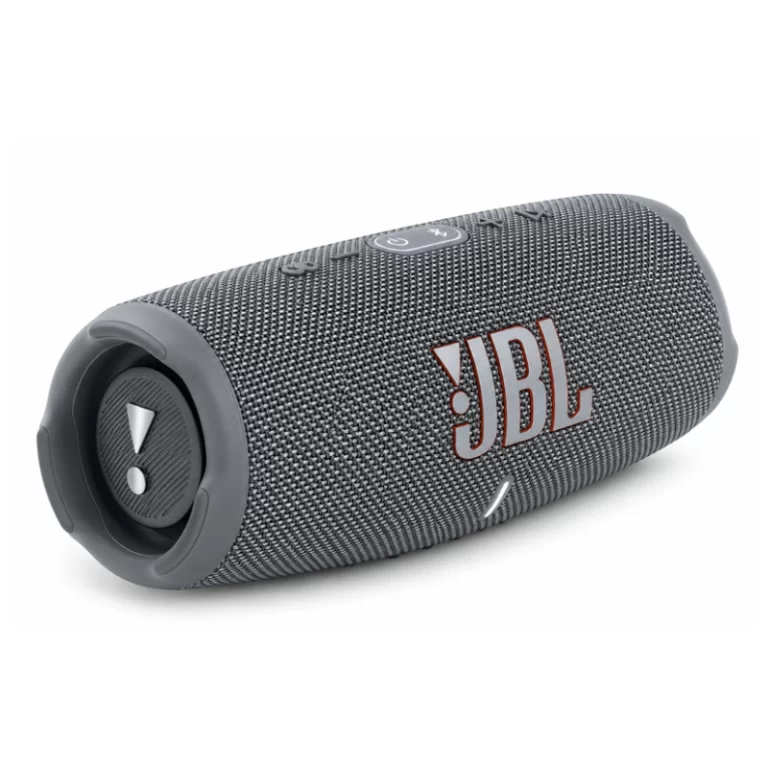 JBL Charge 5 grey portable Bluetooth speaker angled front view with JBL logo and side passive radiator