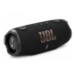BL Charge 6 black Bluetooth speaker angled front view showing textured fabric grille, JBL logo and side passive radiator