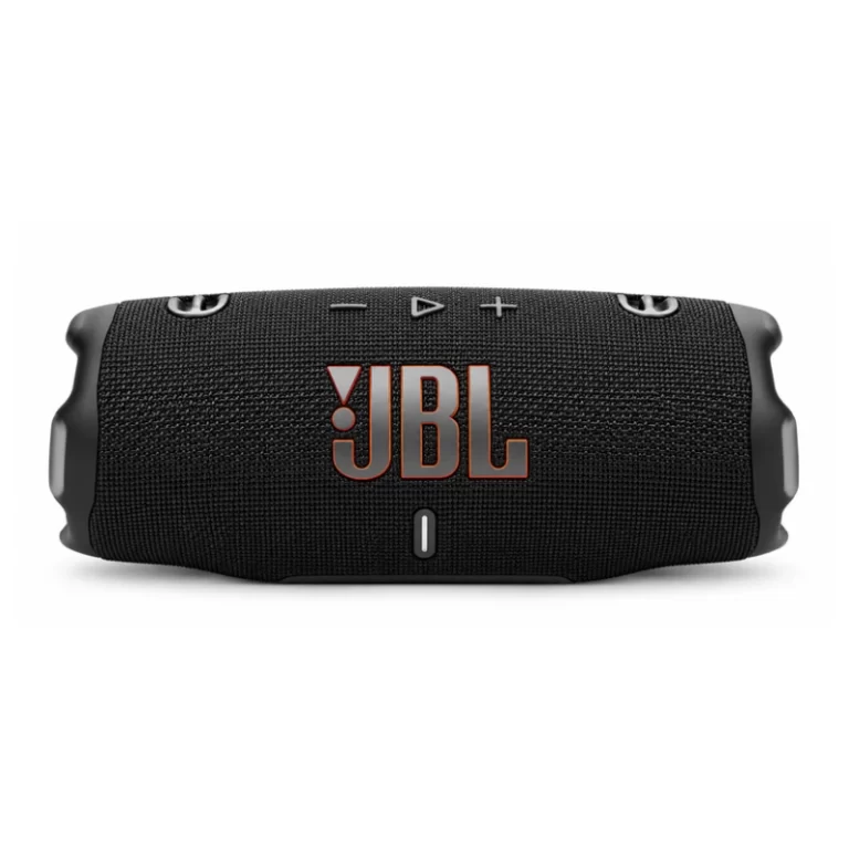 JBL Charge 6 black portable speaker front view showing large JBL logo, playback controls and status indicator