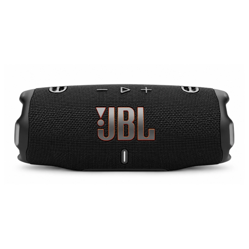 JBL Charge 6 black portable speaker front view showing large JBL logo, playback controls and status indicator