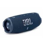JBL Charge 6 blue portable speaker three-quarter view showing JBL logo, control buttons and passive radiator