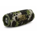 JBL Charge 6 Squad portable Bluetooth speaker angled view showing camouflage grille, JBL logo and passive radiator