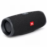 JBL Charge Essential 2 black portable Bluetooth speaker angled view with top controls and side bass radiator