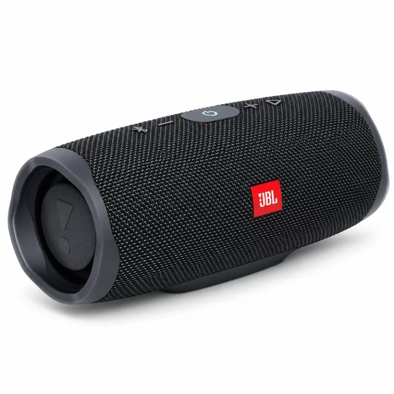 JBL Charge Essential 2 black portable Bluetooth speaker angled view with top controls and side bass radiator