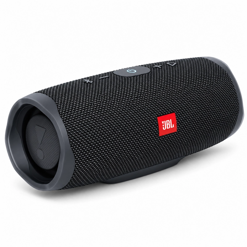 JBL Charge Essential 2 black portable Bluetooth speaker angled view with top controls and side bass radiator