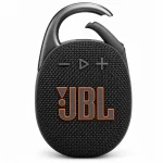JBL Clip 5 black portable speaker front view with orange JBL logo, playback controls and open carabiner clip