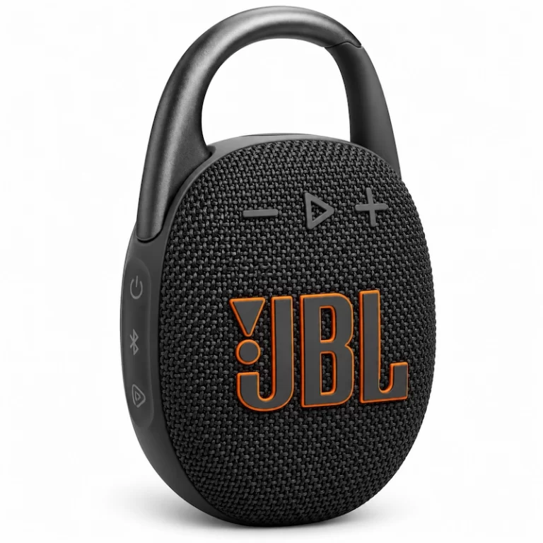 JBL Clip 5 Price in Kenya black Bluetooth speaker angled front view with JBL logo, volume controls and side power buttons