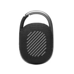 JBL Clip 5 black Bluetooth speaker rear view showing striped back panel and built-in carabiner