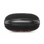 JBL Clip 5 black portable Bluetooth speaker top view showing integrated carabiner clip and fabric body