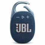 JBL Clip 5 blue Bluetooth speaker front view with open carabiner, JBL logo and playback controls
