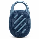 JBL Clip 5 blue portable speaker rear view showing textured fabric back and integrated carabiner handle