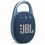JBL Clip 5 blue portable Bluetooth speaker angled front view with JBL logo, volume controls and side buttons