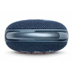 JBL Clip 5 blue portable Bluetooth speaker top view showing integrated carabiner clip and textured fabric body