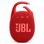 JBL Clip 5 red Bluetooth speaker front view with open carabiner, JBL logo and playback controls
