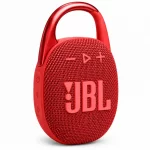 JBL Clip 5 red portable Bluetooth speaker angled front view with JBL logo, volume controls and side buttons