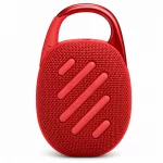 JBL Clip 5 red portable speaker rear view showing textured fabric back and integrated carabiner handle
