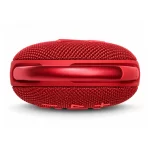 JBL Clip 5 red portable Bluetooth speaker top view showing the integrated carabiner clip and textured fabric body